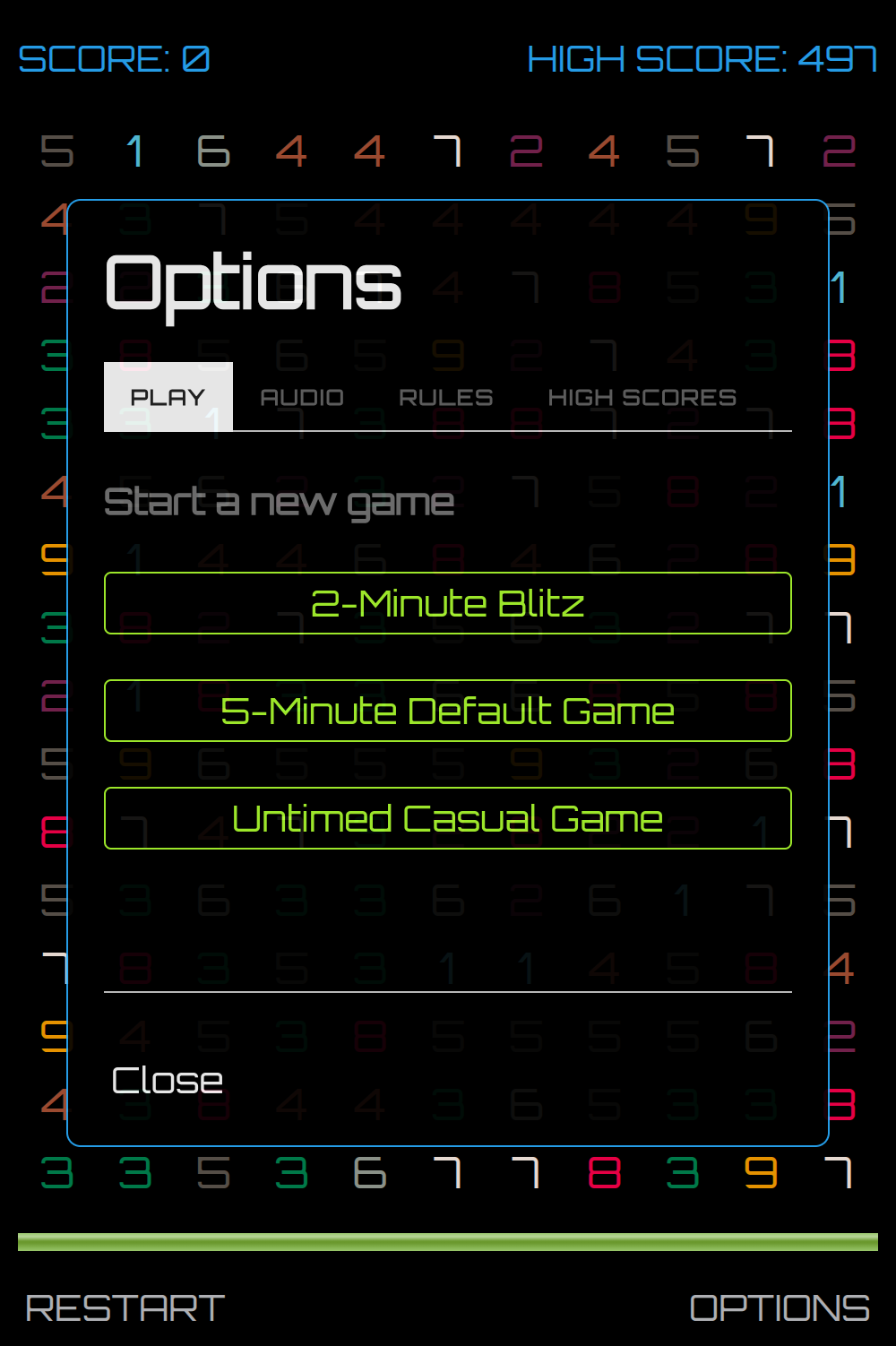Tenfold game options screenshot